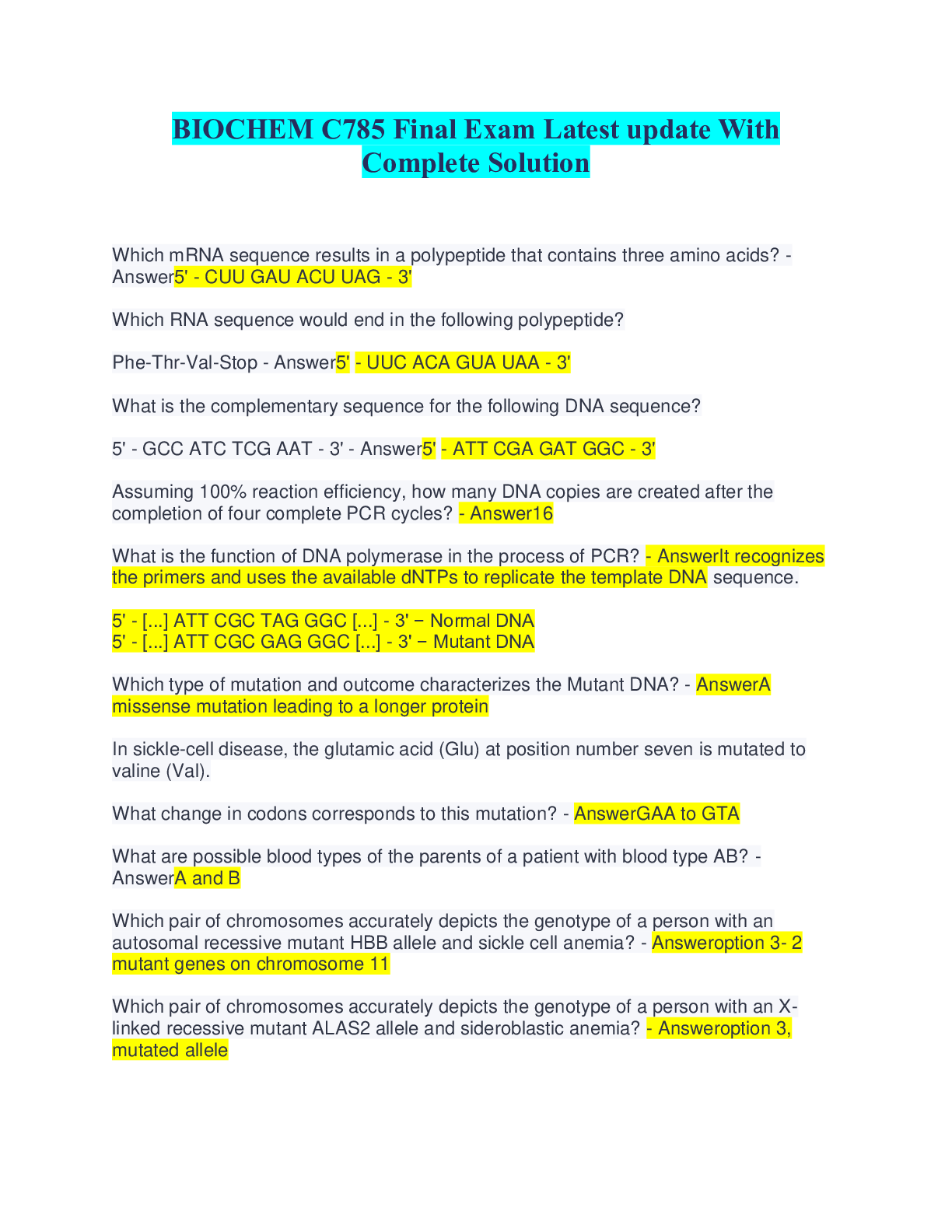 Preview image for BIOCHEM C785 Final Exam Latest update With Complete Solution